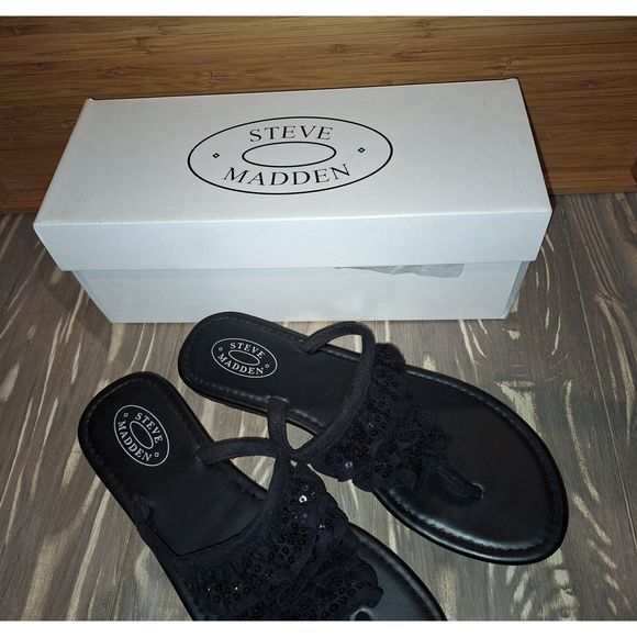 Steve Madden Black Embellished Sequin Thong Sandal Shoe Black Sz. Med 7-8 - Picture 4 of 6